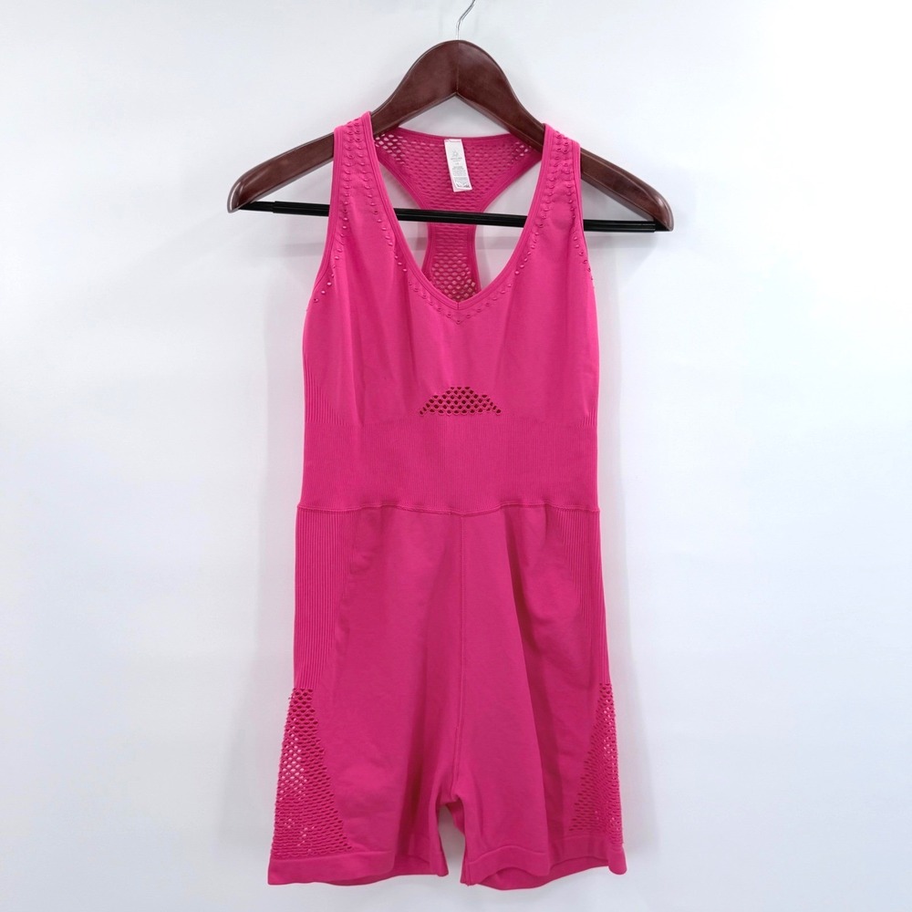 OFFLINE by Aerie Seamless Mesh Romper Pilates Balletcore Biker Short Hot Pink L